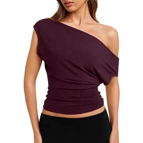Pure Color Off-Shoulder Gathered Waist Loose Bubble Sleeve