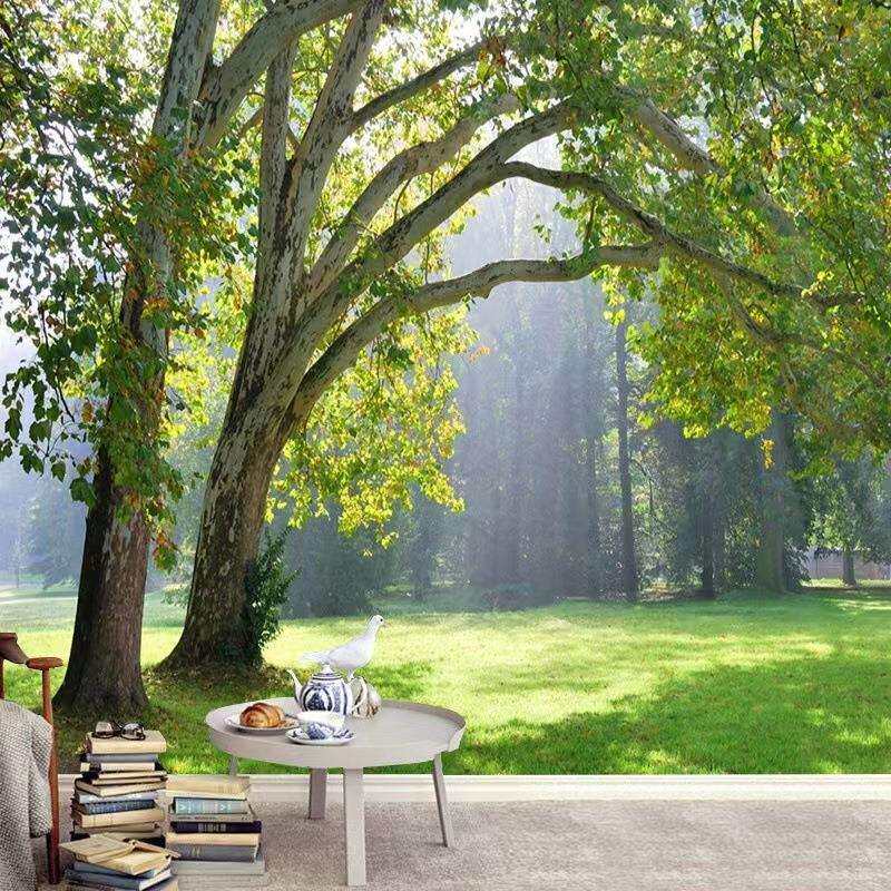 3d立体墙贴沙发背景壁纸绿色森林大自然风景壁画身临其境客厅布