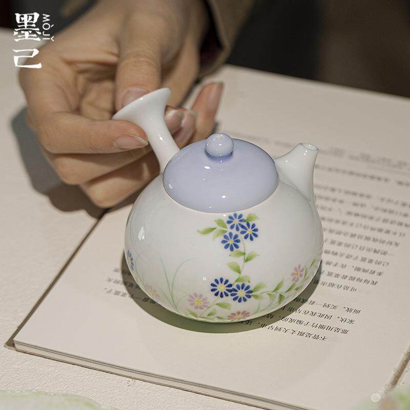 墨己晴山蓝日式侧把茶壶功夫茶具手绘野菊赋家用球孔过滤泡茶碗