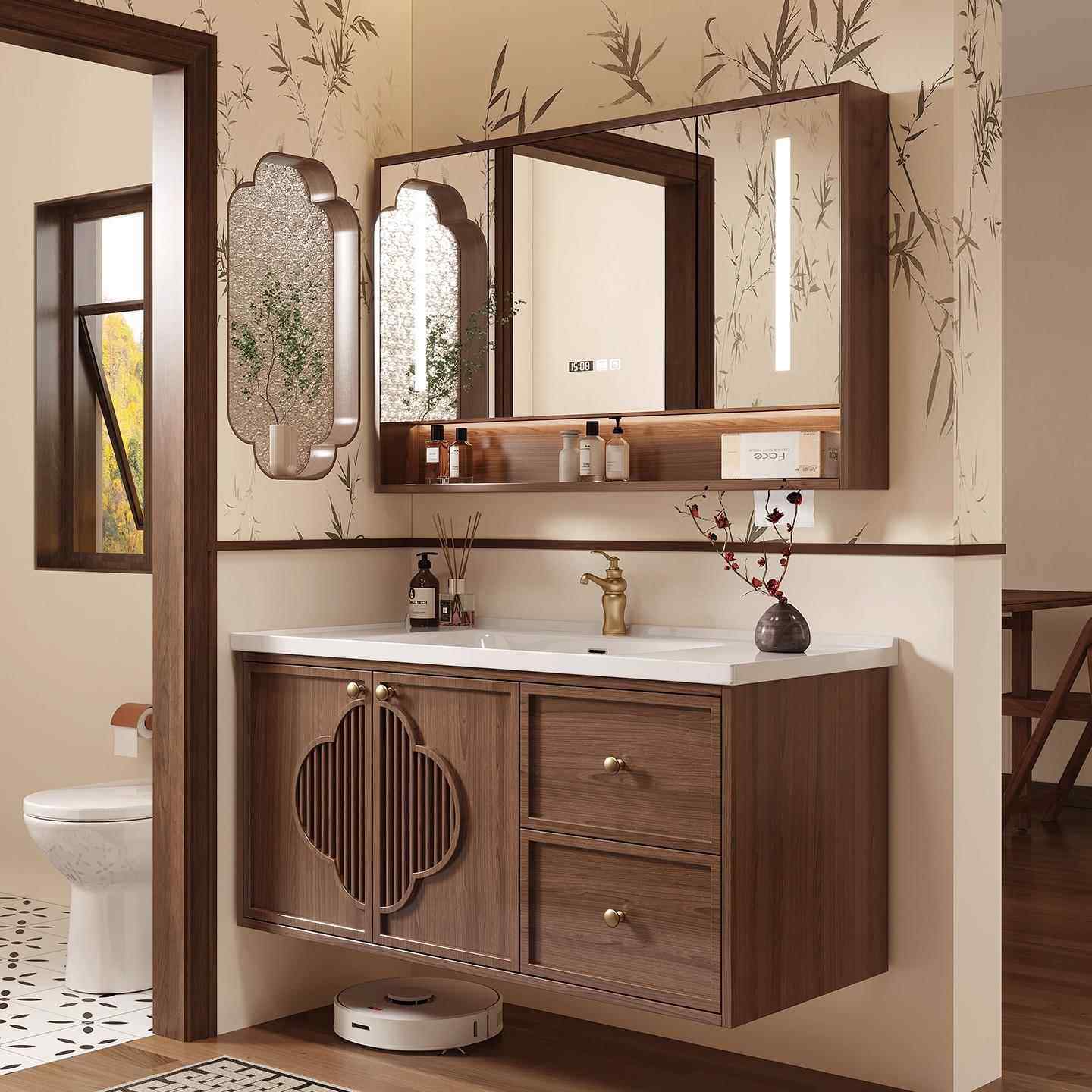 中古风浴室柜组合定制岩板热弯无缝陶瓷一体盆橡木洗漱台宋氏美学