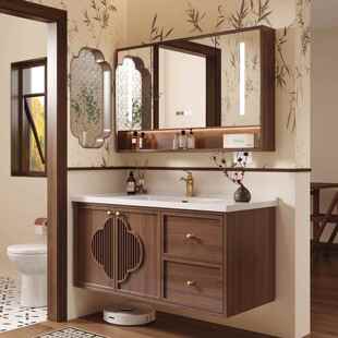 中古风浴室柜组合定制岩板热弯无缝陶瓷一体盆橡木洗漱台宋氏美学