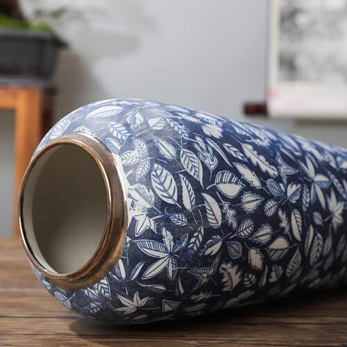 35CM高景德镇陶瓷青花花瓶家居摆件样板房金边花器瘦萝卜手工花瓶