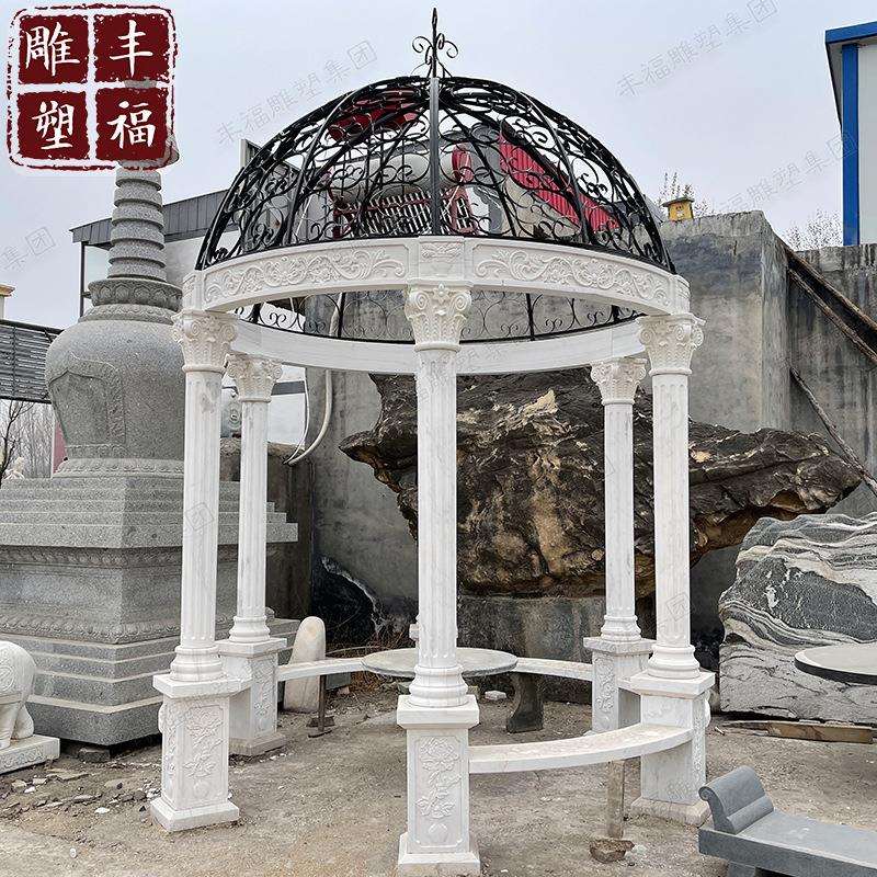 铁艺镂空大理石亭子厂家 花岗岩石头景观亭 户外欧式圆形石材凉亭