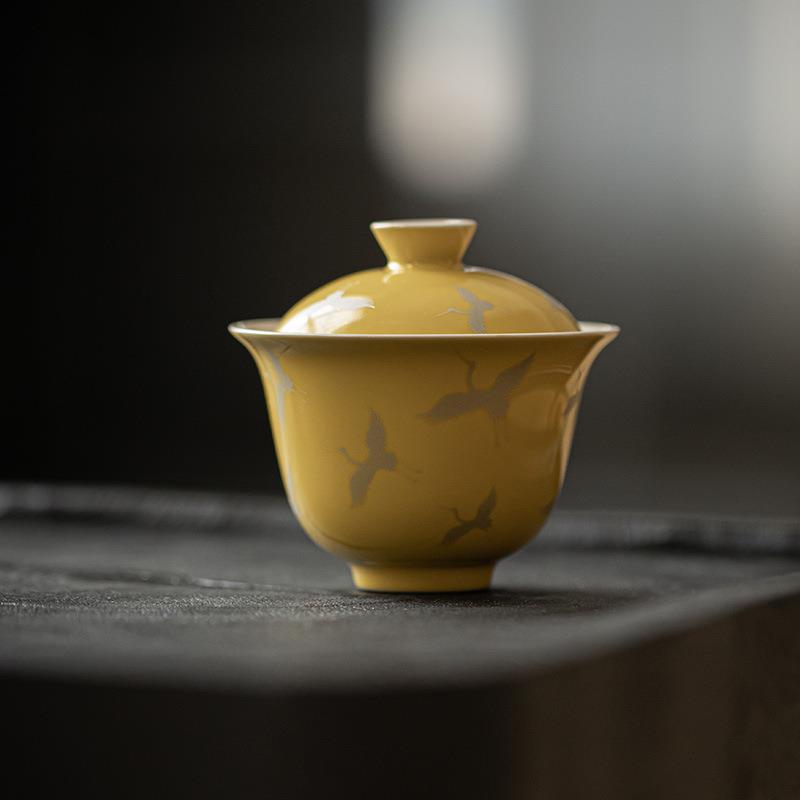 墨己黄色描银泡仙鹤盖碗仿功夫用茶具古烫金陶瓷茶碗家mjtc盖碗