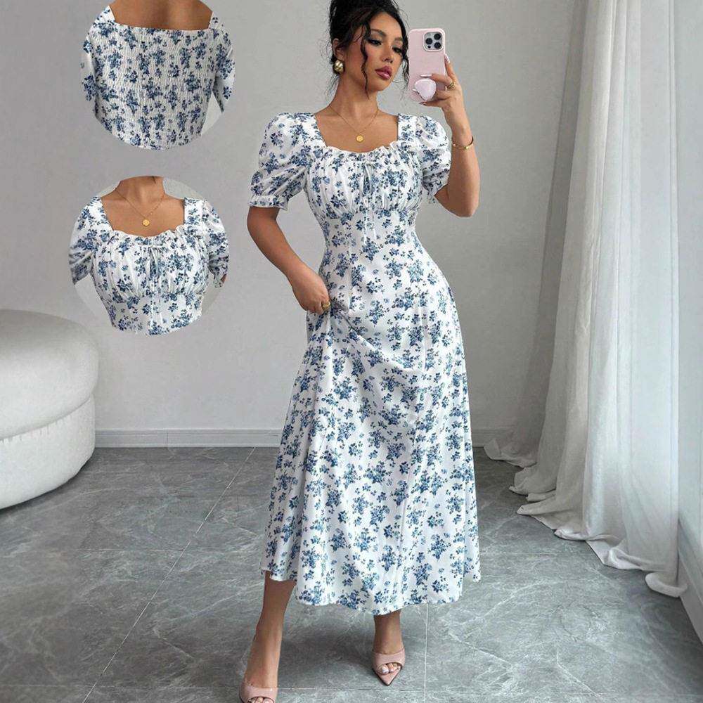 Elegant Summer Short Sleeve Dress for Women, Floral Print De图片