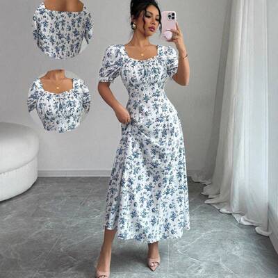 Floral Dress Women's Clothes, Summer Short Sve Square Neck