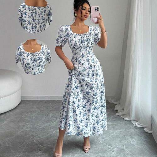 Elegant Summer Short Sleeve Dress for Women, Floral Print De