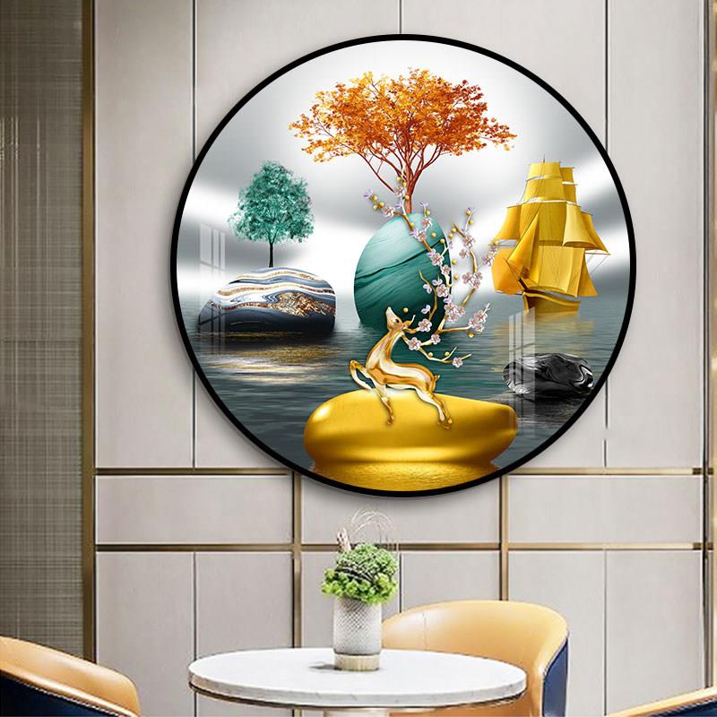 轻奢客厅装饰画 画北欧麋鹿沙发背景墙圆形创意壁画 画大气玄关饭