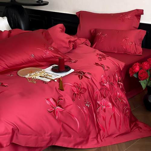婚庆全棉长绒棉四件套浪漫花卉蝴蝶刺绣宽边被套结婚红色床上用品