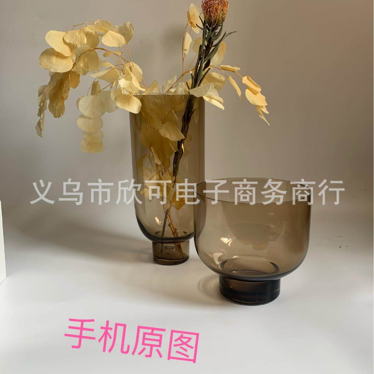 灰色简约现代圆形玻璃花器客厅花艺插花装饰花瓶摆件样板间软装