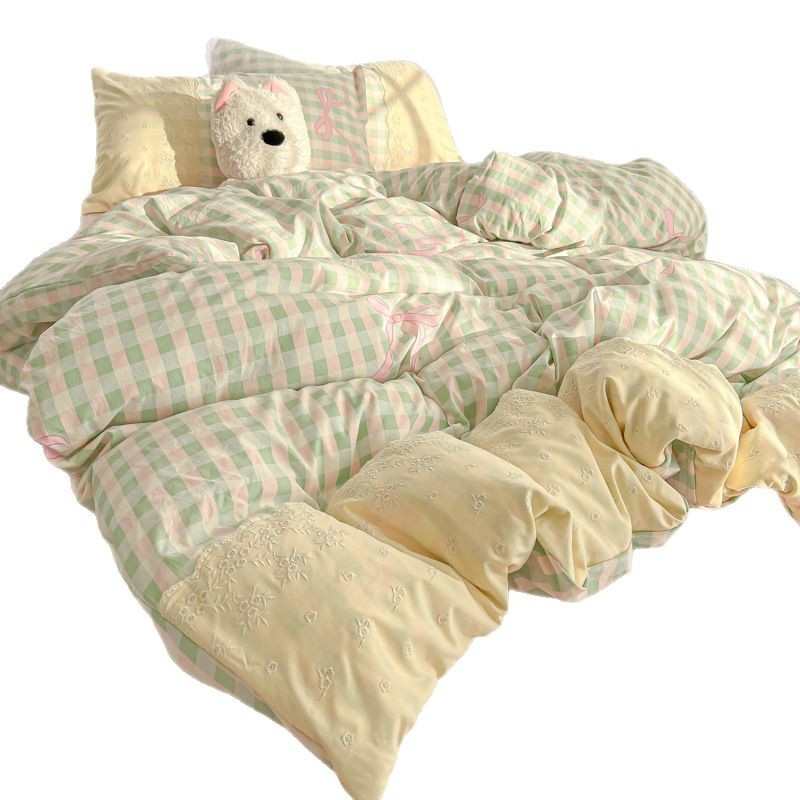 ins公主法式床上四件套花边水洗棉床单被套镂空床笠款三件套宿舍