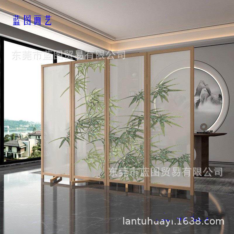 双面刺绣苏绣半透明纱布画座屏折屏玄关隔断酒店客厅卧室竹报平安