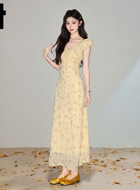 it:CHOCOOLATE黄色短袖碎花洋装女2026新款夏法式V领度假长裙子
