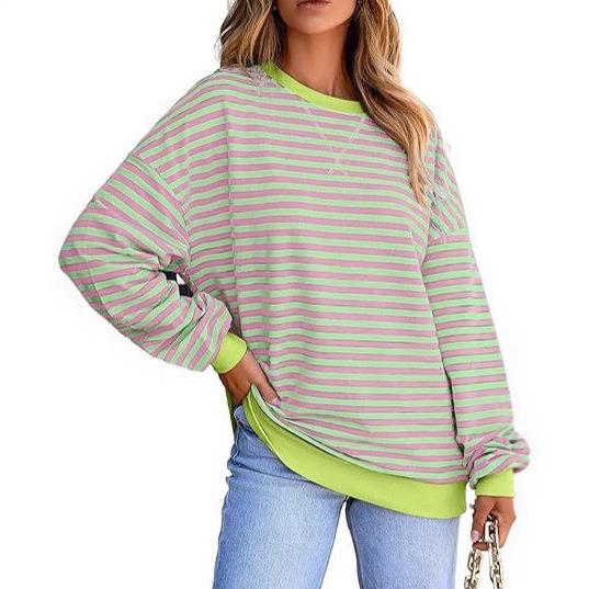 T-Shirt Top Waist Pullover Sweater Striped Contrast Sleeve