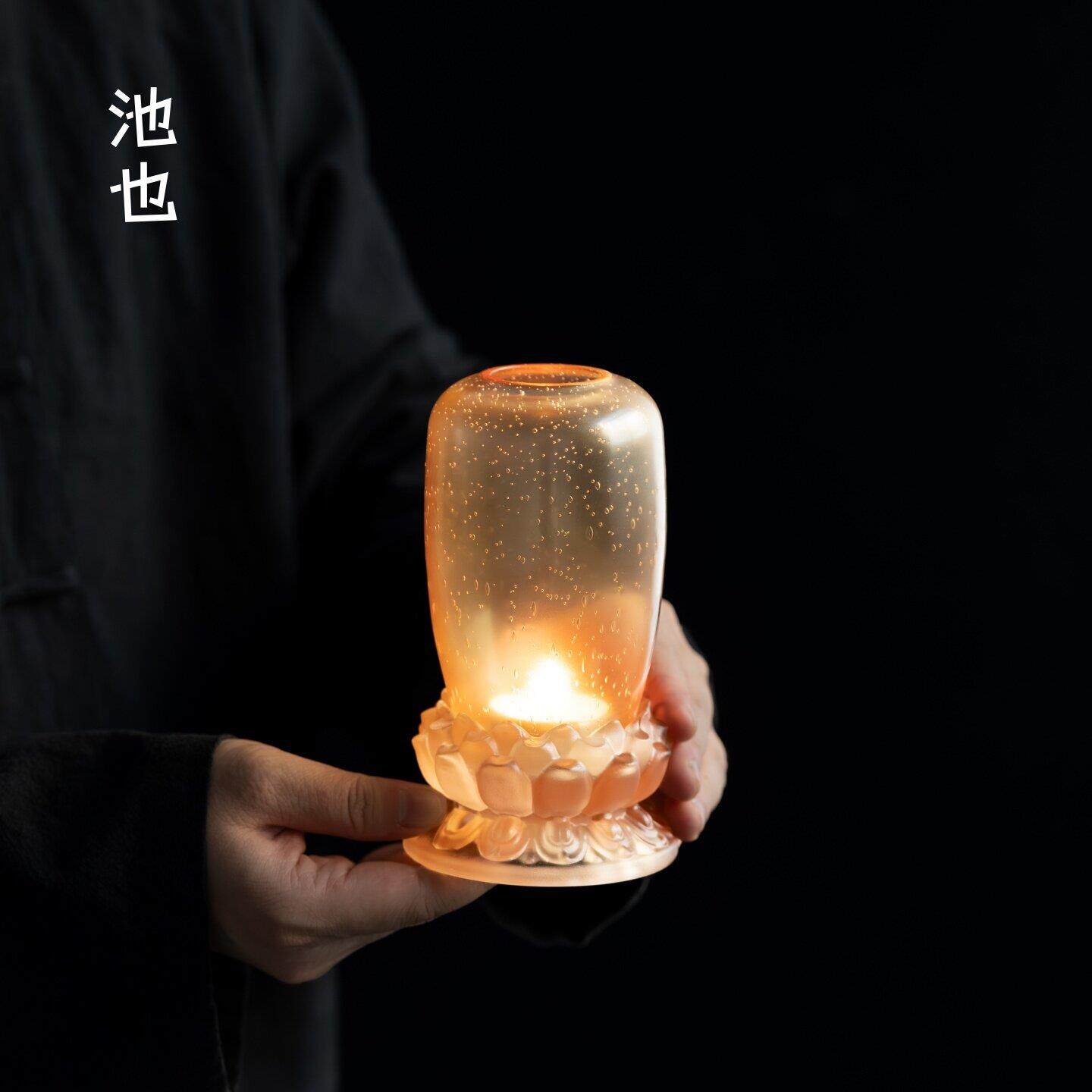 池也中式莲花香薰蜡烛灯罩烛台家用室内摆件底座玻璃茶桌氛围装饰