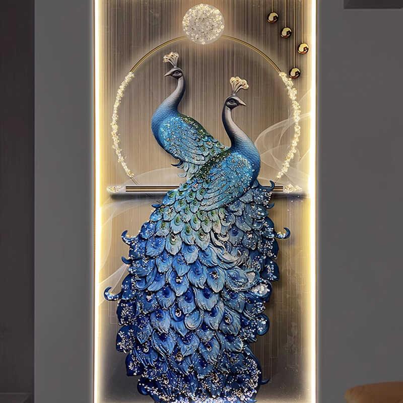 晶瓷镶钻装饰画客厅孔雀玄关过道走廊挂画新中式高档壁画led灯画图片