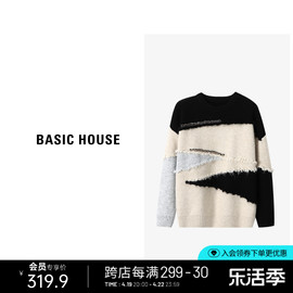 Basic House/百家好不规则拼接毛衣女春季慵懒风宽松撞色圆领上衣