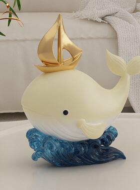 奶油风鲸鱼摆件高级感客厅电视柜样板房摆设现代简约艺术软装饰∑