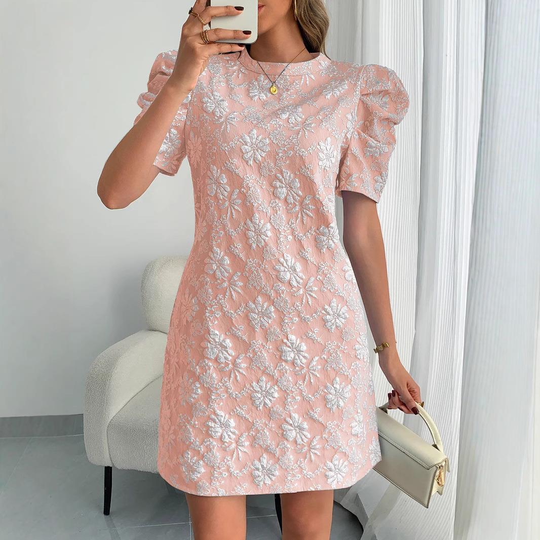 Floral Jacquard Puff Sleeve Dress Embossed Line Women Chic