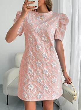 Floral Jacquard Puff Sleeve Dress Embossed Line Women Chic
