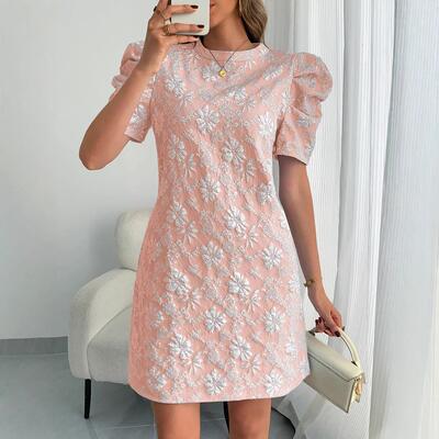 Floral Jacquard Puff Sleeve Dress Embossed Line Women Chic