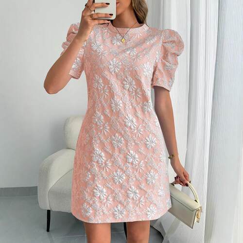 Floral Jacquard Puff Sleeve Dress Embossed Line Women Chic