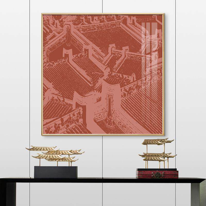 新中式装饰画红色建筑群古典艺术轻奢客厅沙发墙玄关壁画方形挂画