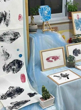 幼儿园非遗文化拓印画传统拓鱼创意美术画 儿童diy吹塑版画装饰画