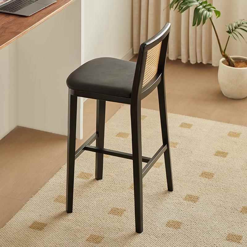 OMEAN藤编日式实木吧台椅子餐椅前台椅靠背酒吧咖啡馆岛台高脚凳