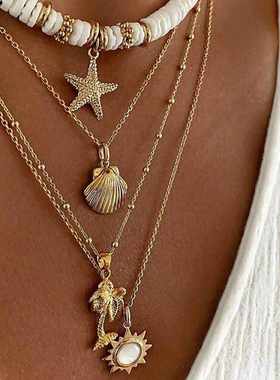 跨境欧美个性软陶项链时尚椰树海星百花吊坠长款项链叠戴式锁骨链