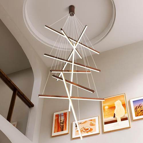 楼梯灯吊灯桃木纹极简式楼loft公客复寓厅主别墅大厅337线条led灯