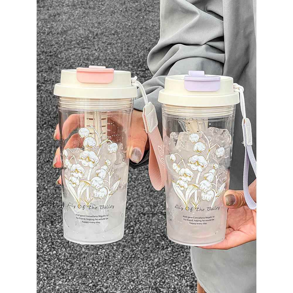 塑料水杯女生高颜值双饮咖啡杯吸管夏天泡茶杯子茶水分离随行便携