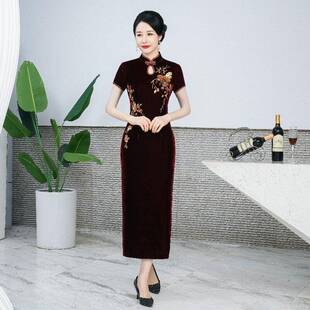 高端金丝绒长袖款旗袍高贵年轻妈妈婚宴礼服喜婆婆喜服敬酒服夏款