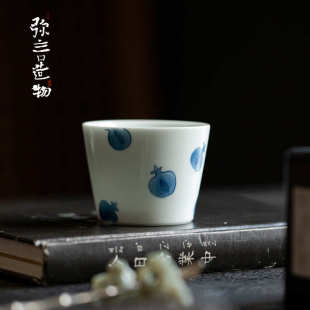 弥言釉下彩青花手绘石榴主人杯家用大号茶杯单个复古品茗杯功夫茶