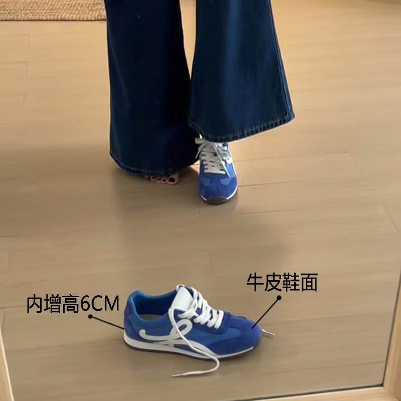 牛皮版内增高6cm复古蓝色阿甘德训鞋女百搭系带休闲拼色运动鞋