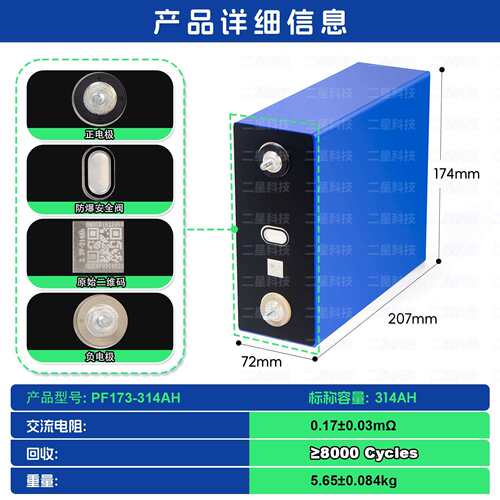 CORNEX楚能314AH磷酸铁锂大容量单体3.2V280AH储能太阳能电芯LIFE