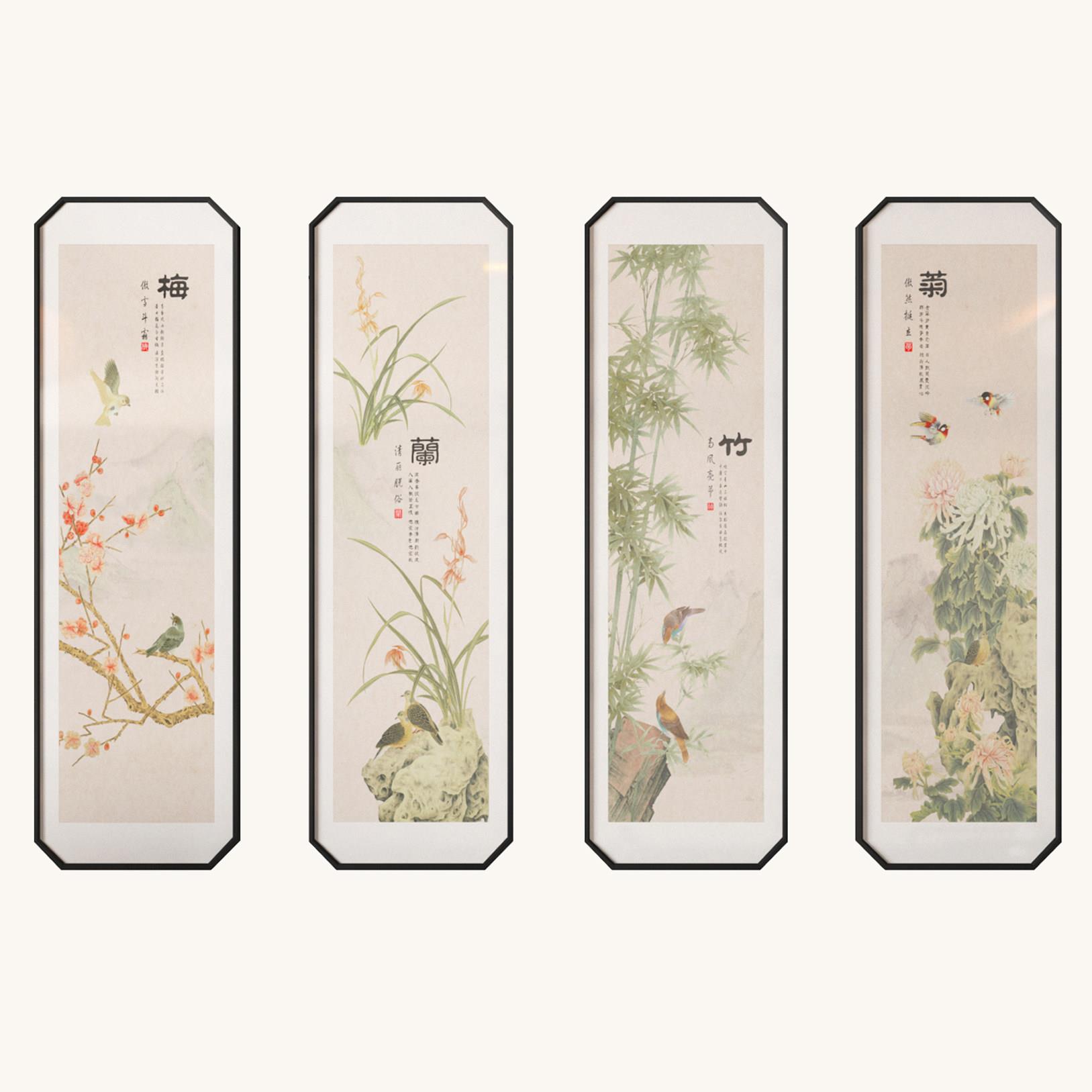 梅兰竹菊国中式画75花鸟画壁画条屏茶新中式客厅沙发背景四墙装饰