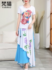 梵猫品牌大码民族风女套装，2023年春夏装，刺绣牡丹短袖t恤时尚长裙