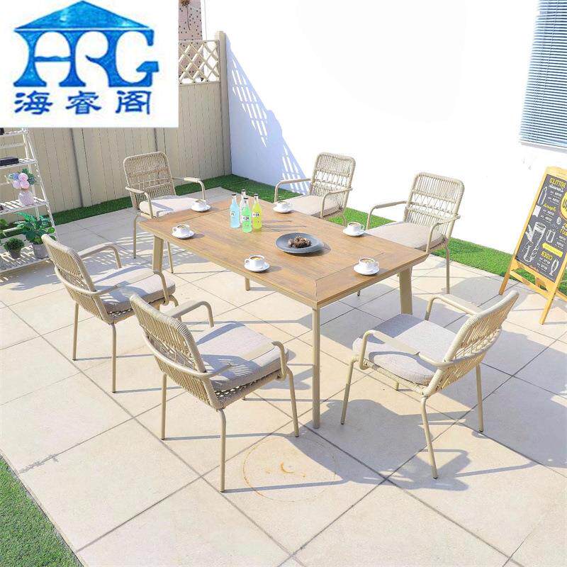 户外桌椅组合别墅庭院塑木长餐桌花园露天室外景区铝合金绳编藤椅