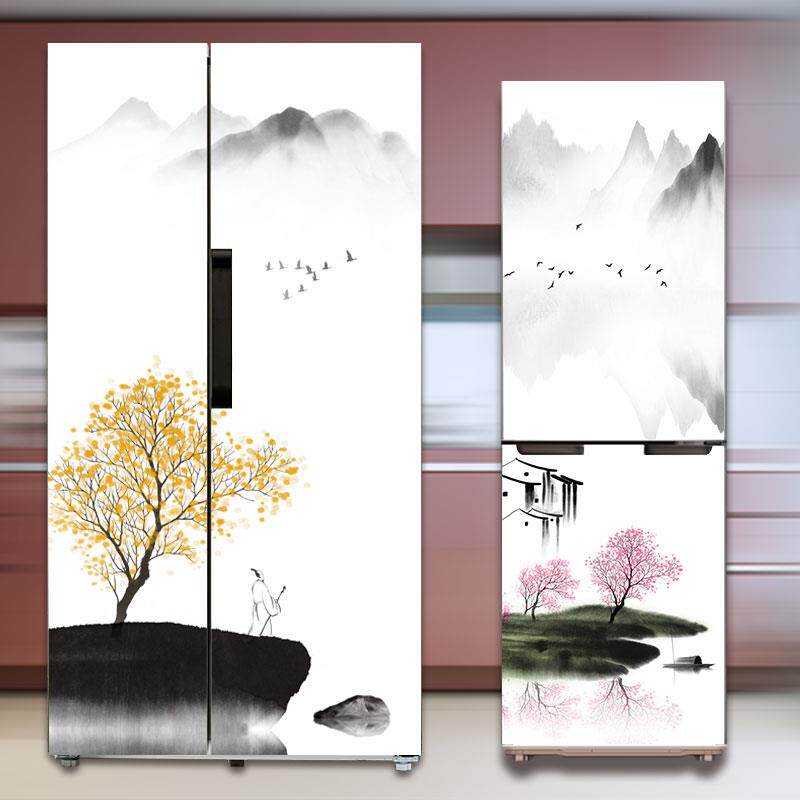 冰箱贴纸全贴中国风水墨风景画翻新自粘整张侧面防水防油可移除膜