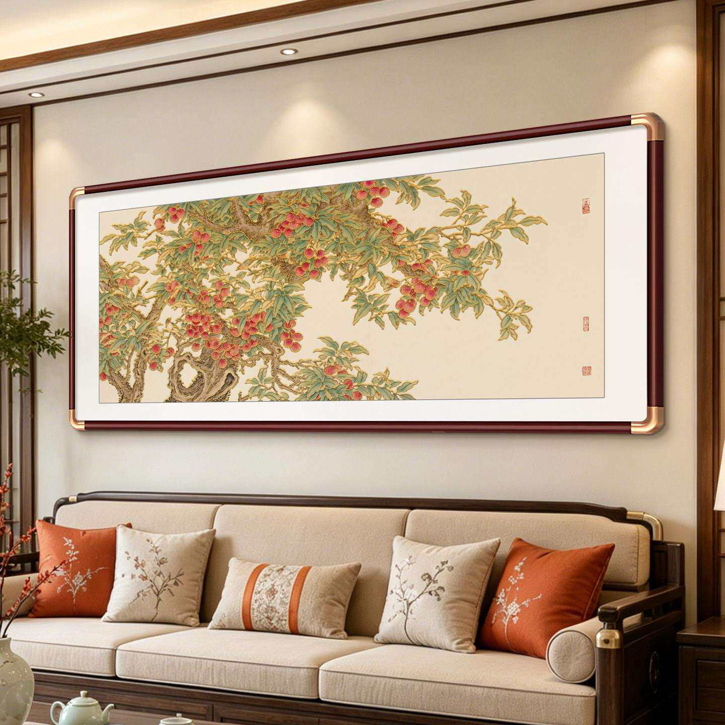 22好6新款立体鎏客厅装饰画0寓意LM91971荔枝鱼图中式沙发背金景