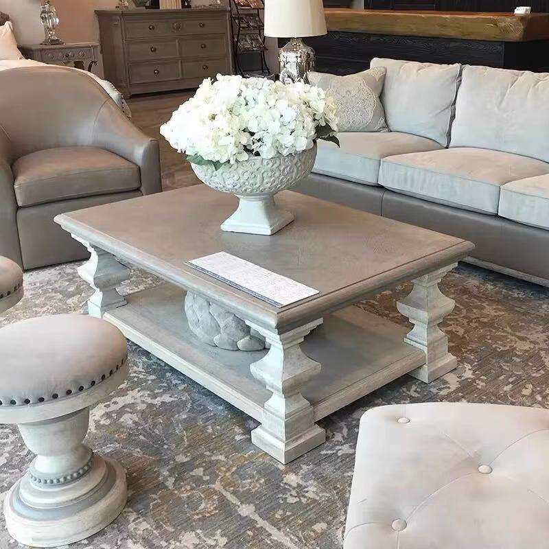 美式复古实木茶几ART建筑复兴橡木雕花长方形茶桌咖啡桌客厅家具