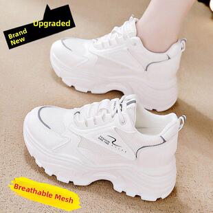 Mcnes女鞋真皮白鞋女鞋夏季网眼透气不累脚软底女鞋内增高鞋