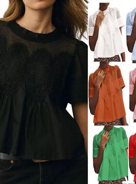 Womens Babydoll Lace Blouses Short Sleeve Ruffle Crew Neck