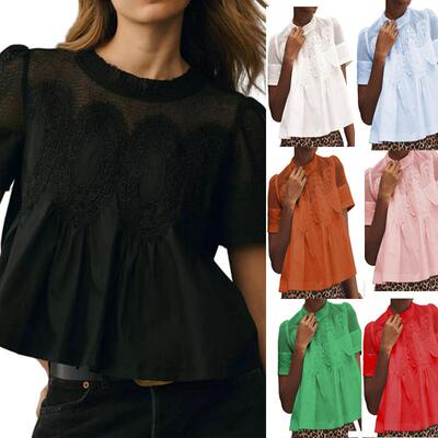 Womens Babydoll Lace Blouses Short Sleeve Ruffle Crew Neck