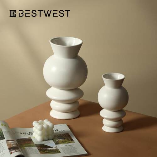 Best west 简约白色多层直筒釉面陶瓷花瓶摆件家居样板间装饰品