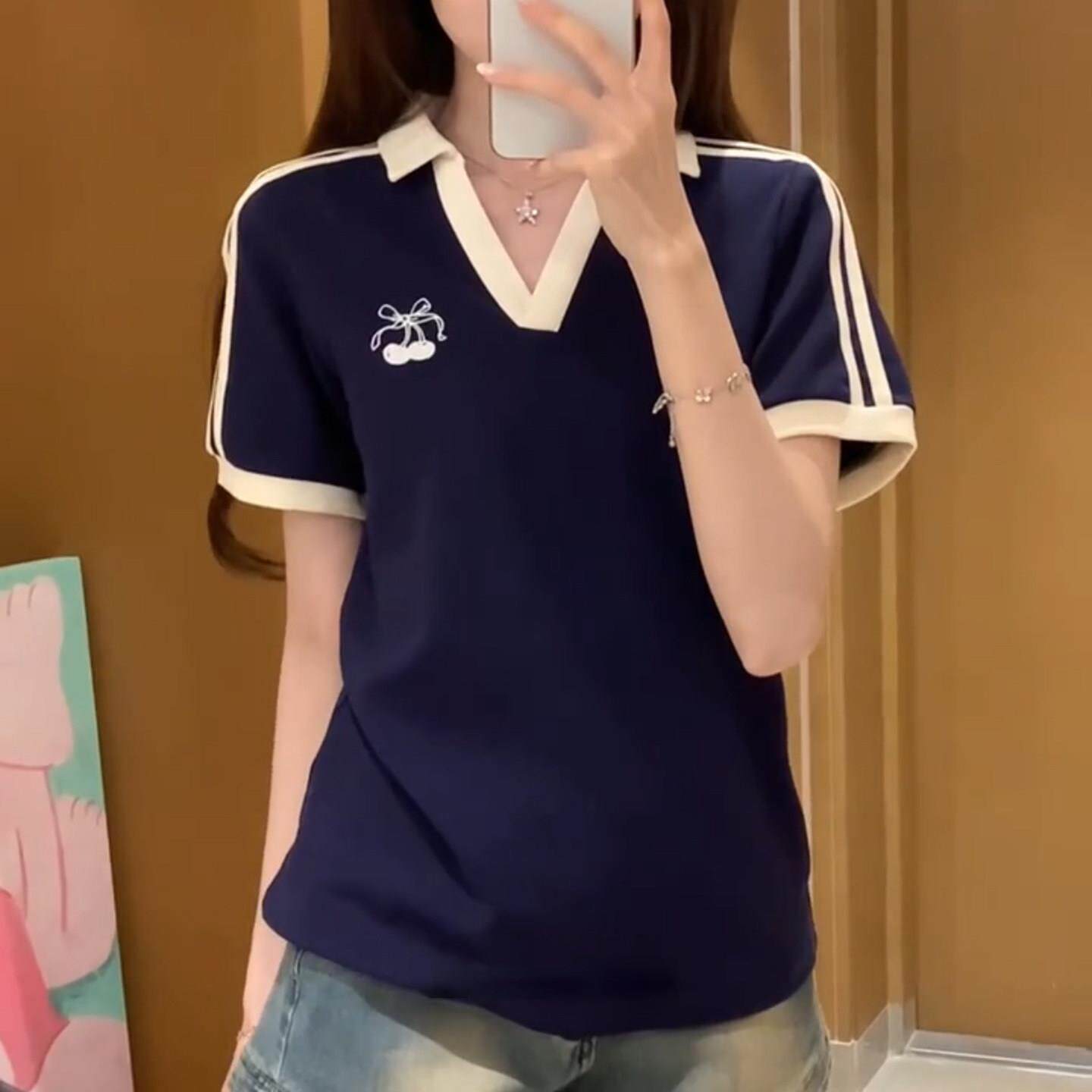 藏青色美式V领正肩短袖t恤女夏修身显瘦韩系学院风辣妹polo领上衣