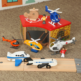 木质飞机直升机火车轨道场景配件，兼容小米木制火车轨道玩具2-6岁