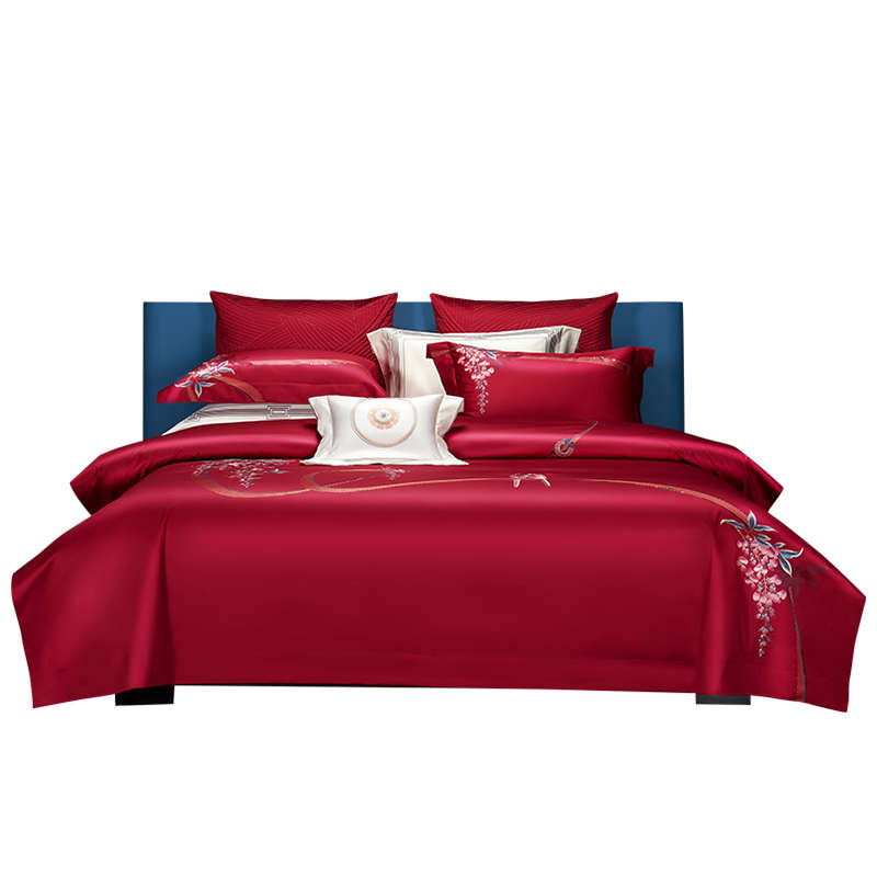 思辰家纺新中式四件套140支全棉刺绣花喜被婚床高端婚庆床上用品