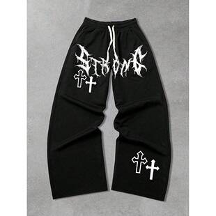 Black Oversized Wide-Leg Angel Gothic Print Joggers - Red &